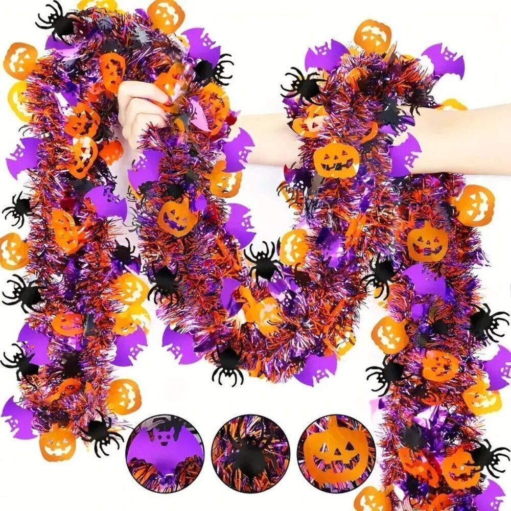 78.74in Halloween Ribbon Garland with Orange Pumpkin, Black Spider, Purple Bat
